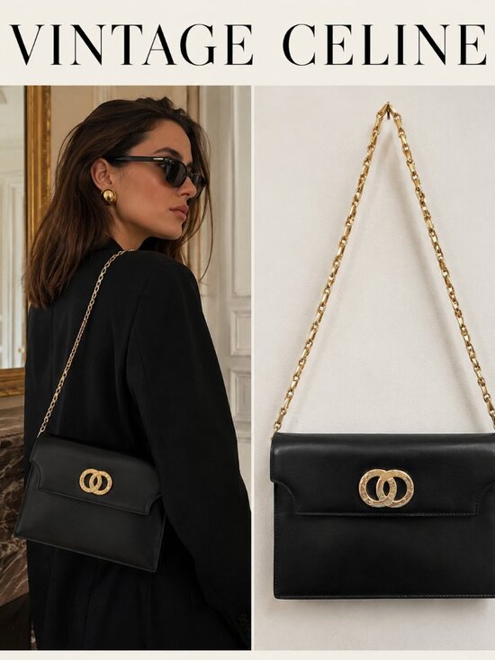 CELINE Handbags - Vintage Celine Paris Black Leather Chain Shoulder Bag France Gold Hardware Rare